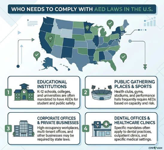 institutions and organizations that need to comply with aed laws in the united states