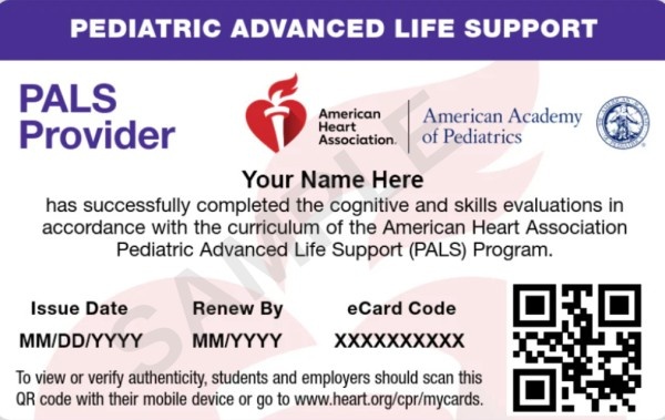 Aha pals certification card for advanced pediatric life support training