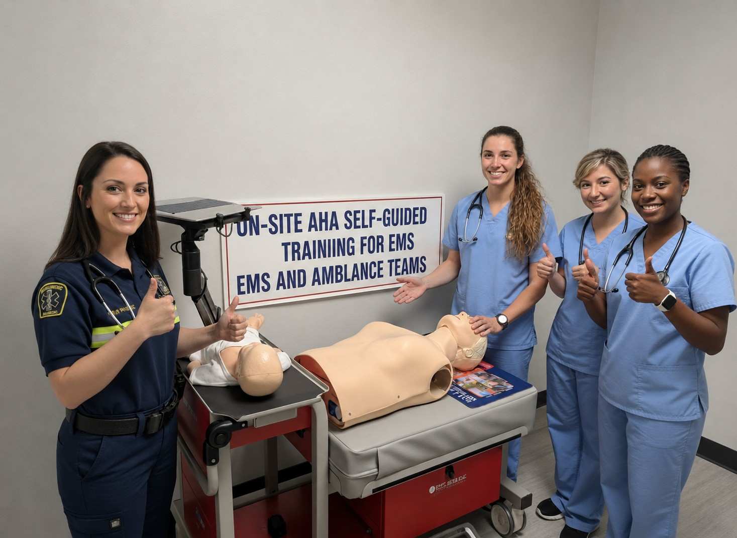 EMS team participating in on-site AHA self-guided CPR training